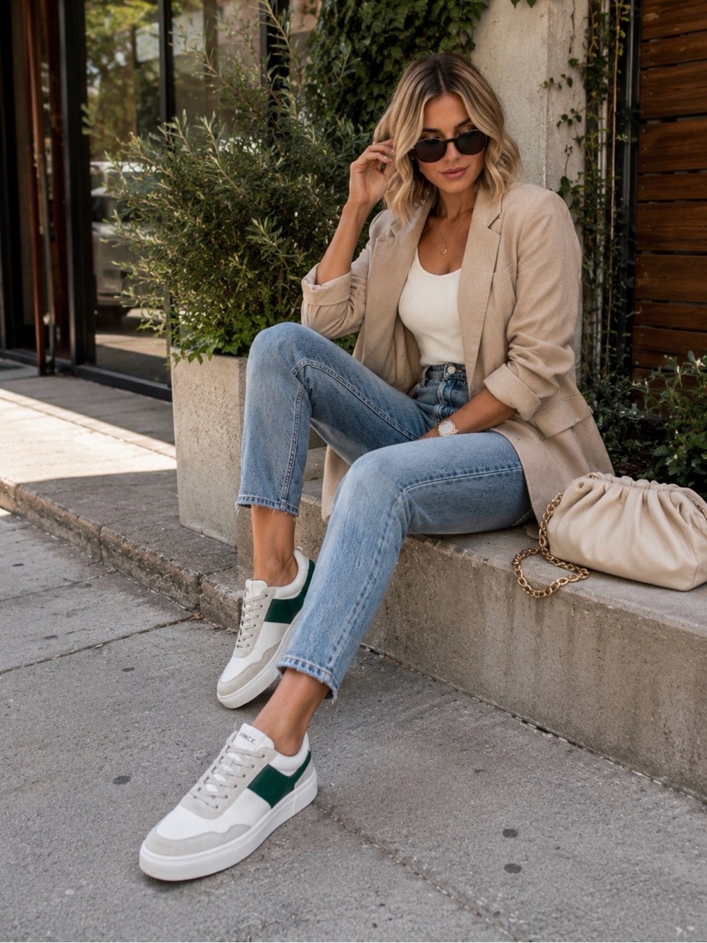 Vince White Leather Sneakers with Green Suede Panel and Gray Trim 8.5
